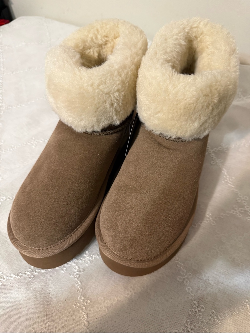 Cozy Suede Shearling-Trim Slip-On Booties - Brown/Cream